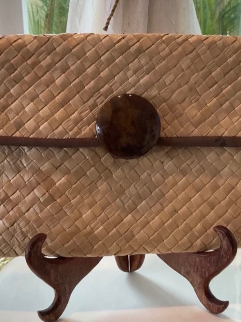 Lovely Old Lauhala Clutch With Acrylic Faux Tortoise Shell Button